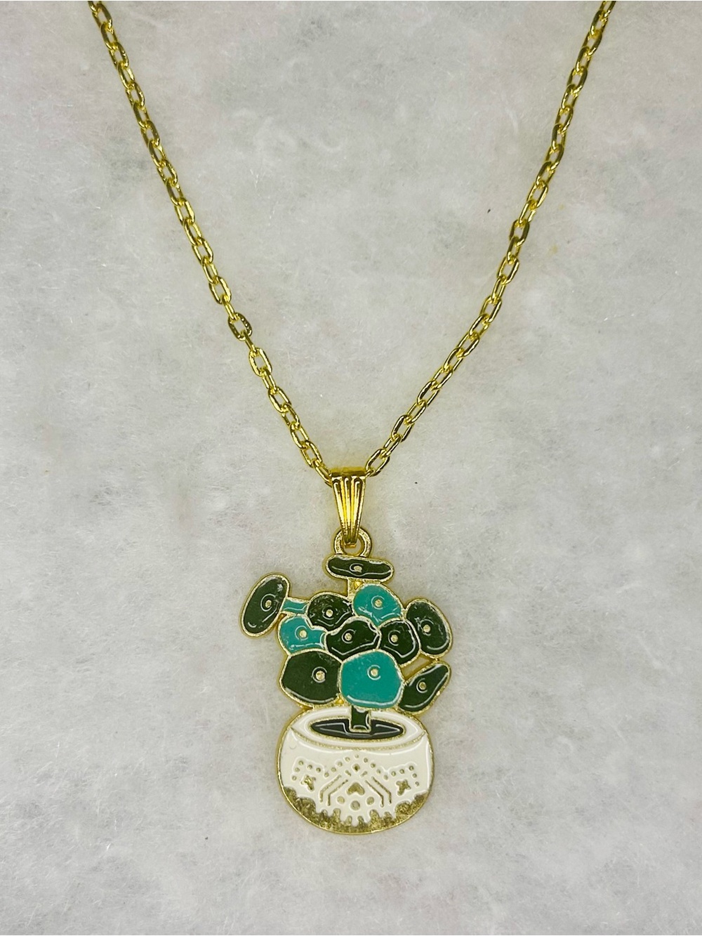 Gold-Tone Green Potted Plant Pendant Necklace
